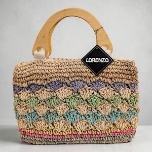 Lorenzo Woven Raffia Straw Handbag Wood Handles Boho Coastal Summer Tote